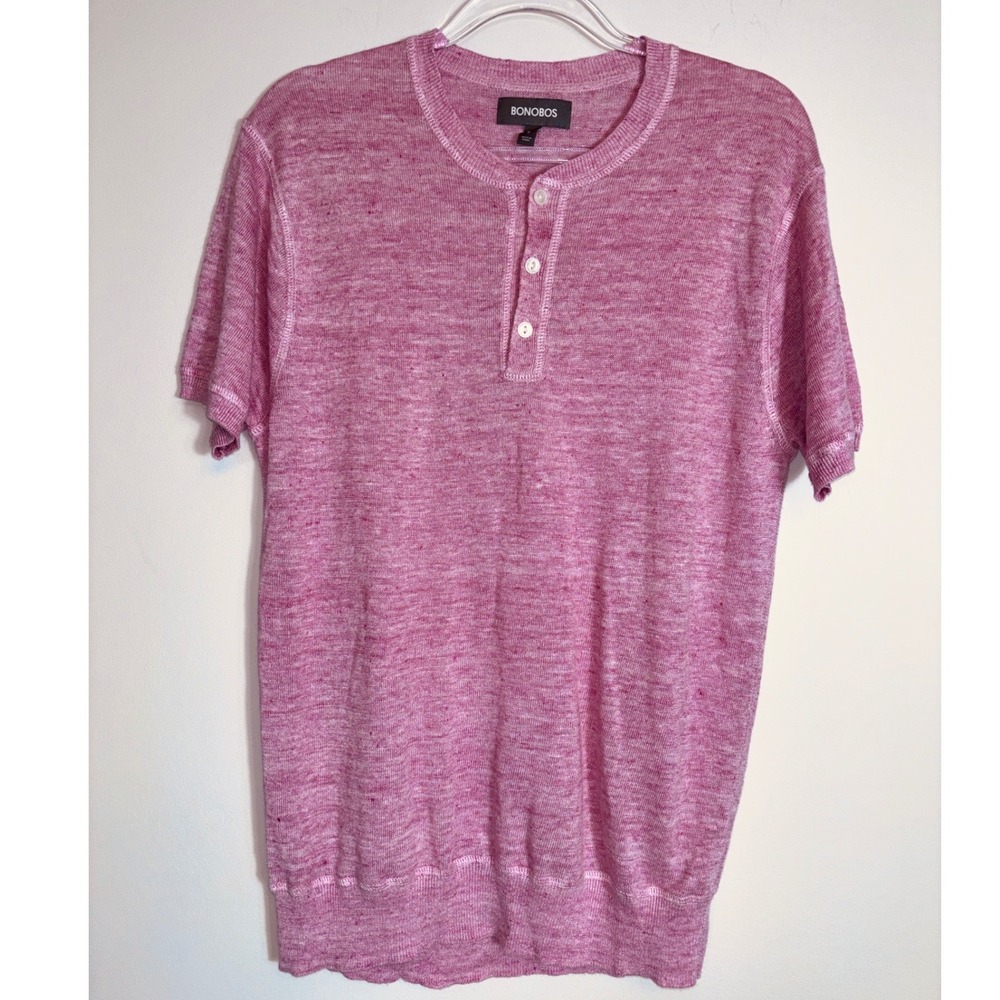 Bonobos Mens Short Sleeve 100% Linen Henley Sweater Pink Heather Knit Small